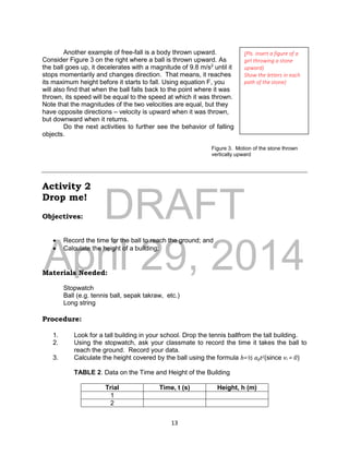 DRAFT
April 29, 2014
13
Another example of free-fall is a body thrown upward.
Consider Figure 3 on the right where a ball is thrown upward. As
the ball goes up, it decelerates with a magnitude of 9.8 m/s2
until it
stops momentarily and changes direction. That means, it reaches
its maximum height before it starts to fall. Using equation F, you
will also find that when the ball falls back to the point where it was
thrown, its speed will be equal to the speed at which it was thrown.
Note that the magnitudes of the two velocities are equal, but they
have opposite directions – velocity is upward when it was thrown,
but downward when it returns.
Do the next activities to further see the behavior of falling
objects.
Figure 3. Motion of the stone thrown
vertically upward
Activity 2
Drop me!
Objectives:
 Record the time for the ball to reach the ground; and
 Calculate the height of a building;
Materials Needed:
Stopwatch
Ball (e.g. tennis ball, sepak takraw, etc.)
Long string
Procedure:
1. Look for a tall building in your school. Drop the tennis ballfrom the tall building.
2. Using the stopwatch, ask your classmate to record the time it takes the ball to
reach the ground. Record your data.
3. Calculate the height covered by the ball using the formula h=½ agt2(since vi = 0)
TABLE 2. Data on the Time and Height of the Building
Trial Time, t (s) Height, h (m)
1
2
(Pls. insert a figure of a
girl throwing a stone
upward)
Show the letters in each
path of the stone)
 