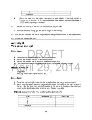 DRAFT
April 29, 2014
14
3
Average
4. Using the data from the table, calculate the final velocity of the ball using the
formula vf = at since vi = 0. Try also calculating final velocity using the formula vf =
√2agh and compare your answers.
Q1. What is the velocity of the ball just before it hits the ground?
5. Using a very long string, get the actual height of the building.
Q2. How will you compare the actual heightof the building from the result of the experiment?
Q3. What is the percentage error?
Activity 3
You raise me up!
Objectives:
 Determine the initial velocity of a ball thrown upward;
 Record the time for the ball to reach the ground;
 Record the time for ball to reach its maximum height; and
 Calculate the maximum height reached by the ball thrown vertically upward.
Materials Needed:
Stopwatch
Ball (e.g. tennis ball, sepak takraw, etc.)
Procedure:
1. Throw the ball vertically upward in the air as hard as you can in an open space.
2. Using your stopwatch, ask your classmate to record the total time the ball remains in
the air. Get the time from point of release of the ball until it reaches its maximum
height by the dividing the total time into two. Record your data.
TABLE 3. Data on the Total Time and Time of the Ball in the Air
Trial Total Time, (s) Time, t (s)
1
2
3
Average
 