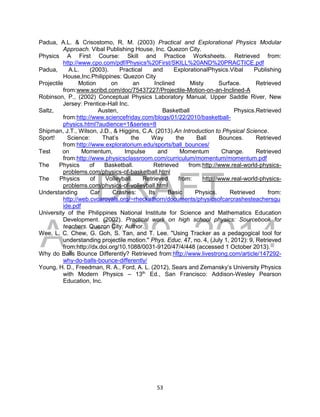 DRAFT
April 29, 2014
53
Padua, A.L. & Crisostomo, R. M. (2003) Practical and Explorational Physics Modular
Approach. Vibal Publishing House, Inc. Quezon City.
Physics A First Course: Skill and Practice Worksheets. Retrieved from:
http://www.cpo.com/pdf/Physics%20First/SKILL%20AND%20PRACTICE.pdf
Padua, A.L. (2003). Practical and ExplorationalPhysics.Vibal Publishing
House,Inc.Philippines: Quezon City
Projectile Motion on an Inclined Misty Surface. Retrieved
from:www.scribd.com/doc/75437227/Projectile-Motion-on-an-Inclined-A
Robinson, P., (2002) Conceptual Physics Laboratory Manual, Upper Saddle River, New
Jersey: Prentice-Hall Inc.
Saltz, Austen, Basketball Physics.Retrieved
from:http://www.sciencefriday.com/blogs/01/22/2010/basketball-
physics.html?audience=1&series=8
Shipman, J.T., Wilson, J.D., & Higgins, C.A. (2013).An Introduction to Physical Science.
Sport! Science: That’s the Way the Ball Bounces. Retrieved
from:http://www.exploratorium.edu/sports/ball_bounces/
Test on Momentum, Impulse and Momentum Change. Retrieved
from:http://www.physicsclassroom.com/curriculum/momentum/momentum.pdf
The Physics of Basketball. Retrieved from:http://www.real-world-physics-
problems.com/physics-of-basketball.html
The Physics of Volleyball. Retrieved from: http://www.real-world-physics-
problems.com/physics-of-volleyball.html
Understanding Car Crashes: Its Basic Physics. Retrieved from:
http://web.cvcaroyals.org/~rheckathorn/documents/physicsofcarcrashesteachersgu
ide.pdf
University of the Philippines National Institute for Science and Mathematics Education
Development. (2002). Practical work on high school physics: Sourcebook for
teachers. Quezon City: Author.
Wee, L, C. Chew, G. Goh, S. Tan, and T. Lee. "Using Tracker as a pedagogical tool for
understanding projectile motion." Phys. Educ. 47, no. 4, (July 1, 2012): 9, Retrieved
from:http://dx.doi.org/10.1088/0031-9120/47/4/448 (accessed 1 October 2013).
Why do Balls Bounce Differently? Retrieved from:http://www.livestrong.com/article/147292-
why-do-balls-bounce-differently/
Young, H. D., Freedman, R. A., Ford, A. L. (2012), Sears and Zemansky’s University Physics
with Modern Physics – 13th
Ed., San Francisco: Addison-Wesley Pearson
Education, Inc.
 
