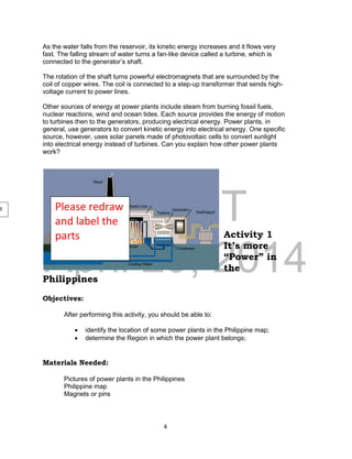 DRAFT
April 29, 2014
4
As the water falls from the reservoir, its kinetic energy increases and it flows very
fast. The falling stream of water turns a fan-like device called a turbine, which is
connected to the generator’s shaft.
The rotation of the shaft turns powerful electromagnets that are surrounded by the
coil of copper wires. The coil is connected to a step-up transformer that sends high-
voltage current to power lines.
Other sources of energy at power plants include steam from burning fossil fuels,
nuclear reactions, wind and ocean tides. Each source provides the energy of motion
to turbines then to the generators, producing electrical energy. Power plants, in
general, use generators to convert kinetic energy into electrical energy. One specific
source, however, uses solar panels made of photovoltaic cells to convert sunlight
into electrical energy instead of turbines. Can you explain how other power plants
work?
Activity 1
It’s more
“Power” in
the
Philippines
Objectives:
After performing this activity, you should be able to:
 identify the location of some power plants in the Philippine map;
 determine the Region in which the power plant belongs;
Materials Needed:
Pictures of power plants in the Philippines
Philippine map
Magnets or pins
Please redraw
and label the
parts
nt
 
