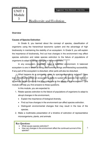 DRAFT
April 29, 2014
Learner’s Module
1
Biodiversity and Evolution
Overview
Causes of Species Extinction
In Grade 8, you learned about the concept of species, classification of
organisms using the hierarchical taxonomic system and the advantage of high
biodiversity in maintaining the stability of an ecosystem. In Grade 9, you will explain
the importance of biodiversity, find out how changes in the environment may affect
species extinction and relate species extinction to the failure of populations of
organisms to adapt to abrupt changes in the environment.
In any ecosystem, organisms need a balanced environment. A balanced
ecosystem is one in which all living and nonliving things are interacting successfully.
If any part of the ecosystem is disturbed, other parts will also be disturbed.
What happens to a community when its species diversity is reduced? Does
loss of biodiversity affect an ecosystem’s ability to sustain the species that remain or
to perform certain functions that may contribute to the needs of that ecosystem? This
module will help you find answers to these questions.
In this module, you are expected to:
1. Relate species extinction to the failure of populations of organisms to adapt to
abrupt changes in the environment,
 Explain the importance of biological diversity.
 Find out how changes in the environment can affect species extinction.
 Distinguish environmental changes that may result in the loss of the
species.
2. Make a multimedia presentation of a timeline of extinction of representative
microorganisms, plants, and animals
UNIT 1
Module
3
Suggested Time Allotment: 4 to 5 hrs
Key Questions:
 What causes species extinction?
 How can changes in the environment affect the continued survival of the
species?
 