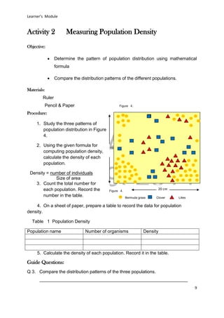 DRAFT
April 29, 2014
Learner’s Module
9
Activity 2 Measuring Population Density
Objective:
 Determine the pattern of population distribution using mathematical
formula
 Compare the distribution patterns of the different populations.
Materials:
Ruler
Pencil & Paper
Procedure:
118cm
4. On a sheet of paper, prepare a table to record the data for population
density.
Table 1 Population Density
Population name Number of organisms Density
5. Calculate the density of each population. Record it in the table.
Guide Questions:
Q 3. Compare the distribution patterns of the three populations.
___________________________________________________________
20 cm
Bermuda grass Clover Lilies
Figure 4.
1. Study the three patterns of
population distribution in Figure
4.
2. Using the given formula for
computing population density,
calculate the density of each
population.
Density = number of individuals
Size of area
3. Count the total number for
each population. Record the
number in the table.
Figure 4.
 