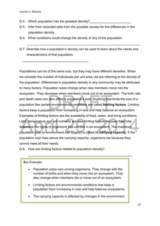 DRAFT
April 29, 2014
Learner’s Module
10
Q 4. Which population has the greatest density?_______________________
Q 5. Infer from recorded data from the possible causes for the differences in the
population density.
Q 6. What conditions could change the density of any of the population.
_______________________________________________________________
Q 7. Describe how a population’s density can be used to learn about the needs and
characteristics of that population.
_____________________________________
Populations can be of the same size, but they may have different densities. When
we consider the number of individuals per unit area, we are referring to the density of
the population. Differences in population density in any community may be attributed
to many factors. Population sizes change when new members move into the
ecosystem. They decrease when members move out of an ecosystem. The birth rate
and death rates can also affect a population’s size. Anything that limits the size of a
population like certain environmental conditions are called limiting factors. Limiting
factors keep a population from increasing in size and help balance an ecosystem.
Examples of limiting factors are the availability of food, water, and living conditions.
Light, temperature and soil nutrients are also limiting factors because they help
determine the types of organisms that can live in an ecosystem. The maximum
population size an environment can support is called its carrying capacity. If the
population size rises above the carrying capacity, organisms die because they
cannot meet all their needs.
Q 8. How are limiting factors related to population density?
__________________________________________________________
Key Concepts:
 Population sizes vary among organisms. They change with the
number of births and when they move into an ecosystem. They
also change when members die or move out of an ecosystem.
 Limiting factors are environmental conditions that keep a
population from increasing in size and help balance ecosystems.
 The carrying capacity is affected by changes in the environment.
 