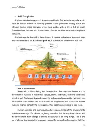 DRAFT
April 29, 2014
Learner’s Module
22
 Acid Precipitation
Acid precipitation is commonly known as acid rain. Rainwater is normally acidic,
because carbon dioxide is normally present. Other pollutants, mostly sulfur and
nitrogen oxides, make rainwater even more acidic, with a pH of 5.6 or lower.
Emissions from factories and from exhaust of motor vehicles are some examples of
pollutants.
Acid rain can be harmful to living things. It causes yellowing of leaves of trees
and cause leaves to fall. Examine Figure 16. It summarizes the effect of acid rain.
Along with nutrients being lost through direct leaching from leaves and no
movement of nutrients in forest litter (leaves, stems, and fruits), nutrients can be lost
from the soil. Acid water flowing through the soil can exchange acidic hydrogen ions
for essential plant nutrient ions such as calcium, magnesium, and potassium. If these
nutrients migrate beneath the rooting zone, they become unavailable to tree roots.
Human activities and overpopulation have caused most of the environmental
problems nowadays. People are beginning to realize that the way they interact with
the environment must change to ensure the survival of all living things. This is one
big challenge to maintain the resources needed for survival while ensuring that they
Figure 16 Acid precipitation
 