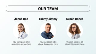 Jenna Doe
You can speak a bit
about this person here
Timmy Jimmy
You can speak a bit
about this person here
Susan Bones
You can speak a bit
about this person here
OUR TEAM
 