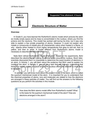 DRAFT
April 29, 2014
LM Matter Grade 9
3
Electronic Structure of Matter
Overview
In Grade 8, you have learned the Rutherford’s atomic model which pictures the atom
as mostly empty space and its mass is concentrated in the nucleus, where you find the
protons and the neutrons. This model has worked well during his time, but it was only
able to explain a few simple properties of atoms. However, It could not explain why
metals or compounds of metals give off characteristic colors when heated in a flame, or
why objects–when heated to much higher temperatures first glow to dull red, then to
yellow, and then to white. A model different from Rutherford’s atomic model is
necessary to describe the behavior of atoms
Niels Bohr refined Rutherford’s model of an atom. Based on his experiments, Bohr
described the electron to be moving in definite orbits around the nucleus. Much later,
scientists discovered that it is impossible to determine the exact location of electrons in
an atom. In Activity 1, you will learn about the evidence that Bohr used to explain his
model of the atom. In Activity 2, you will do a task that will help you understand that
there is a certain portion of space around the nucleus where the electron is most likely
to be found.
In addition, you will know more about the present model of the atom, which is called
the quantum mechanical model of the atom. It is important for you to understand that
the chemical properties of atoms, ions and molecules are related to how the electrons
are arranged in these particles of matter. You will find out the answers to the following
questions as you perform the activities in this module.
Unit 2
MODULE
1
Suggested Time allotment: 4 hours
How does the Bohr atomic model differ from Rutherford’s model? What
is the basis for the quantum mechanical model of the atom? How are
electrons arranged in the atom?
 