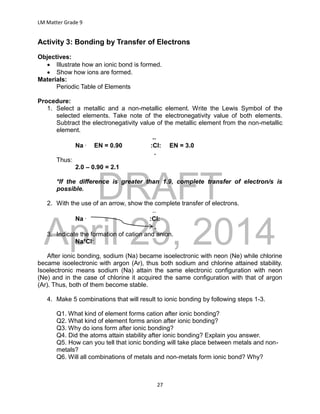 DRAFT
April 29, 2014
LM Matter Grade 9
27
Activity 3: Bonding by Transfer of Electrons
Objectives:
 Illustrate how an ionic bond is formed.
 Show how ions are formed.
Materials:
Periodic Table of Elements
Procedure:
1. Select a metallic and a non-metallic element. Write the Lewis Symbol of the
selected elements. Take note of the electronegativity value of both elements.
Subtract the electronegativity value of the metallic element from the non-metallic
element.
..
Na . EN = 0.90 :Cl: EN = 3.0
.
Thus:
2.0 – 0.90 = 2.1
*If the difference is greater than 1.9, complete transfer of electron/s is
possible.
2. With the use of an arrow, show the complete transfer of electrons.
..
Na . :Cl:
.
3. Indicate the formation of cation and anion.
Na+Cl-
After ionic bonding, sodium (Na) became isoelectronic with neon (Ne) while chlorine
became isoelectronic with argon (Ar), thus both sodium and chlorine attained stability.
Isoelectronic means sodium (Na) attain the same electronic configuration with neon
(Ne) and in the case of chlorine it acquired the same configuration with that of argon
(Ar). Thus, both of them become stable.
4. Make 5 combinations that will result to ionic bonding by following steps 1-3.
Q1. What kind of element forms cation after ionic bonding?
Q2. What kind of element forms anion after ionic bonding?
Q3. Why do ions form after ionic bonding?
Q4. Did the atoms attain stability after ionic bonding? Explain you answer.
Q5. How can you tell that ionic bonding will take place between metals and non-
metals?
Q6. Will all combinations of metals and non-metals form ionic bond? Why?
 