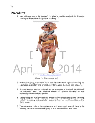 DRAFT
April 29, 2014
20
Procedure:
1. Look at the picture of the smoker’s body below, and take note of the illnesses
that might develop due to cigarette smoking.
2. Within your group, brainstorm ideas about the effects of cigarette smoking on
a person’s respiratory and circulatory systems using the meta plan strategy.
3. Choose a group member who will act as moderator to solicit all the ideas of
the members about the negative effects of cigarette smoking on the
circulatory and respiratory systems.
4. Each participant must give at least three negative effects of cigarette smoking
on both circulatory and respiratory systems. Answers must be written on the
blank cards.
5. The moderator collects the meta cards and reads each one of them while
showing the cards to the whole group so that everyone can read them.
Photo Credit: http://www.clarkisit.com/smoking-kills/
Figure 11. The smoker’s body
 