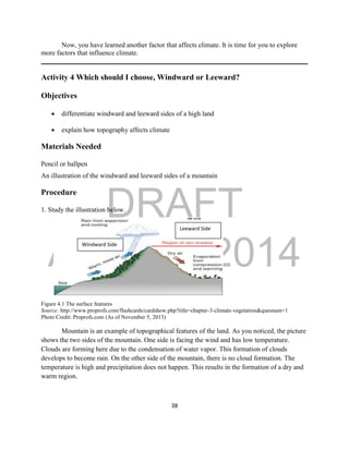 DRAFT
April 29, 2014
38
Now, you have learned another factor that affects climate. It is time for you to explore
more factors that influence climate.
Activity 4 Which should I choose, Windward or Leeward?
Objectives
 differentiate windward and leeward sides of a high land
 explain how topography affects climate
Materials Needed
Pencil or ballpen
An illustration of the windward and leeward sides of a mountain
Procedure
1. Study the illustration below.
Figure 4.1 The surface features
Source: http://www.proprofs.com/flashcards/cardshow.php?title=chapter-3-climate-vegetation&quesnum=1
Photo Credit: Proprofs.com (As of November 5, 2013)
Mountain is an example of topographical features of the land. As you noticed, the picture
shows the two sides of the mountain. One side is facing the wind and has low temperature.
Clouds are forming here due to the condensation of water vapor. This formation of clouds
develops to become rain. On the other side of the mountain, there is no cloud formation. The
temperature is high and precipitation does not happen. This results in the formation of a dry and
warm region.
Leeward Side
Windward Side
 
