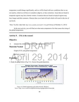 DRAFT
April 29, 2014
49
temperature would change significantly, and we will be faced with new conditions that we are
not used to, which we will have to somehow adapt to, or face extinction. Areas that are found in
temperate regions may have shorter winters. Countries that are found in tropical regions may
have longer and drier summers. Glaciers that cover land will melt which will result in the rise of
sea levels.
Note: Try this video link: http://www.youtube.com/watch?v=5zLuqSYF68E(as of October 11, 2013)
In the next activity, you will find out what main component of air that causes the rising of
the global temperature.
Activity 9. CO2 is the reason!
Objective
 interpret the relationship of carbon dioxide and temperature.
Materials Needed
Graph of CO2 and global temperature
Ball pen or pencil
Procedure
1. Study the graph below (Fig. 9.1). Answer the guide questions.
Figure 9.1 Global temperature and carbon dioxide. (Redraw)
Source: http://www.worldviewofglobalwarming.org/pages/paleoclimate.php
 
