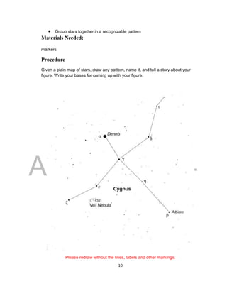 DRAFT
April 29, 2014
10
 Group stars together in a recognizable pattern
Materials Needed:
markers
Procedure
Given a plain map of stars, draw any pattern, name it, and tell a story about your
figure. Write your bases for coming up with your figure.
Please redraw without the lines, labels and other markings.
 