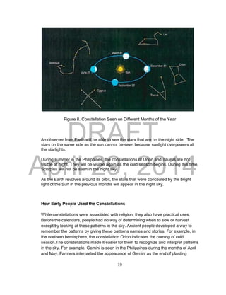 DRAFT
April 29, 2014
19
Figure 8. Constellation Seen on Different Months of the Year
An observer from Earth will be able to see the stars that are on the night side. The
stars on the same side as the sun cannot be seen because sunlight overpowers all
the starlights.
During summer in the Philippines, the constellations of Orion and Taurus are not
visible at night. They will be visible again as the cold season begins. During this time,
Scorpius will not be seen in the night sky.
As the Earth revolves around its orbit, the stars that were concealed by the bright
light of the Sun in the previous months will appear in the night sky.
How Early People Used the Constellations
While constellations were associated with religion, they also have practical uses.
Before the calendars, people had no way of determining when to sow or harvest
except by looking at these patterns in the sky. Ancient people developed a way to
remember the patterns by giving these patterns names and stories. For example, in
the northern hemisphere, the constellation Orion indicates the coming of cold
season.The constellations made it easier for them to recognize and interpret patterns
in the sky. For example, Gemini is seen in the Philippines during the months of April
and May. Farmers interpreted the appearance of Gemini as the end of planting
 
