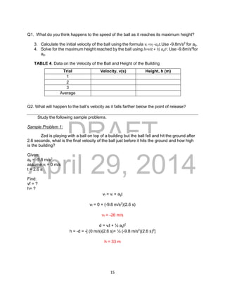 DRAFT
April 29, 2014
15
Q1. What do you think happens to the speed of the ball as it reaches its maximum height?
3. Calculate the initial velocity of the ball using the formula vi =vf -agt.Use -9.8m/s2
for ag.
4. Solve for the maximum height reached by the ball using h=vit + ½ agt2. Use -9.8m/s2
for
ag.
TABLE 4. Data on the Velocity of the Ball and Height of the Building
Q2. What will happen to the ball’s velocity as it falls farther below the point of release?
Study the following sample problems.
Sample Problem 1:
Zed is playing with a ball on top of a building but the ball fell and hit the ground after
2.6 seconds, what is the final velocity of the ball just before it hits the ground and how high
is the building?
Given:
ag = -9.8 m/s2
assume vi = 0 m/s
t = 2.6 s
Find:
vf = ?
h= ?
vf = vi + agt
vf = 0 + (-9.8 m/s2
)(2.6 s)
vf = -26 m/s
d = vit + ½ agt2
h = -d = -[ (0 m/s)(2.6 s)+ ½ (-9.8 m/s2
)(2.6 s)2
]
h = 33 m
Trial Velocity, v(s) Height, h (m)
1
2
3
Average
 