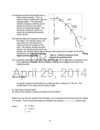 DRAFT
April 29, 2014
27
A projectile launched horizontally has no
initial vertical velocity. Thus, its
vertical motion is identical to that of a
dropped object. The downward
velocity increases uniformly due to
gravity as shown by the vector
arrows of increasing lengths. The
horizontal velocity is uniform as
shown by the identical horizontal
vector arrows.
The dashed black line represents the path of
the object. The velocity vector v at
each point is in the direction of
motion and thus is tangent to the
path. The velocity vectors are solid
arrows, and velocity components are
dashed. (A vertically falling object starting at the same point is shown at the left for
comparison; vy is the same for the falling
object and the projectile.)
For a projectile beginning and ending at the same height, the time it takes a projectile to rise
to its highest point equals the time it takes to fall from the highest point back to its
original position.
___________________________________________________________________
Sample Problem 1
A marble is thrown horizontally from a table top with a velocity of 1.50 m/s. The
marble falls 0.70 m away from the table’s edge.
A) How high is the lab table?
B) What is the marble’s velocity just before it hits the floor?
Before you can find the height of the lab table, you must determine first how long the marble
is in mid-air. For the horizontal distance travelled, this equation t
v
x
x ix
i
f 
 will be used.
Given: m
x 70
.
0


s
m
vix /
50
.
1

0

iy
v
Figure 9. Velocity component vector
diagram for projectiles fired
horizontally.
 
