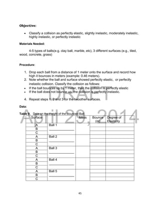 DRAFT
April 29, 2014
45
Objective:
 Classify a collision as perfectly elastic, slightly inelastic, moderately inelastic,
highly inelastic, or perfectly inelastic
Materials Needed:
4-5 types of balls(e.g. clay ball, marble, etc), 3 different surfaces (e.g., tiled,
wood, concrete, grass)
Procedure:
1. Drop each ball from a distance of 1 meter onto the surface and record how
high it bounces in meters (example: 0.46 meters).
2. Note whether the ball and surface showed perfectly elastic, or perfectly
inelastic collision. Classify the collision as follows:
 If the ball bounces up by 1 meter, then the collision is perfectly elastic
 If the ball does not bounce up, the collision is perfectly inelastic.
4. Repeat steps 1, 2 and 3 for the twoother surfaces.
Data:
Table 9. Data on the Height of the Bounced Ball
Surface Mass Bounce
(m)
Degree of
Elasticity
A Ball 1
______________
B
C
A Ball 2
______________
B
C
A Ball 3
______________
B
C
A Ball 4
______________
B
C
A Ball 5
______________
B
C
 