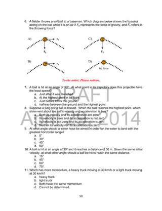 DRAFT
April 29, 2014
50
6. A fielder throws a softball to a baseman. Which diagram below shows the force(s)
acting on the ball while it is on air if Fg represents the force of gravity, and Fh refers to
the throwing force?
A) C)
B) D)
To the artist: Please redraw.
7. A ball is hit at an angle of 30o
. At what point in its trajectory does this projectile have
the least speed?
a. Just after it was launched
b. At the highest point in its flight
c. Just before it hits the ground
d. halfway between the ground and the highest point
8. Suppose a ping pong ball is tossed. When the ball reaches the highest point, which
statement about the ball’s velocity and acceleration is true?
a. Both its velocity and its acceleration are zero
b. Its velocity is zero and its acceleration is not zero
c. Its velocity is not zero and its acceleration is zero.
d. Neither its velocity nor its acceleration is zero.
9. At what angle should a water hose be aimed in order for the water to land with the
greatest horizontal range?
a. 0°
b. 30°
c. 45°
d. 60°
10. A ball is hit at an angle of 30o
and it reaches a distance of 50 m. Given the same initial
velocity, at what other angle should a ball be hit to reach the same distance.
a. 15°
b. 45°
c. 60°
d. 75o
.
11. Which has more momentum, a heavy truck moving at 30 km/h or a light truck moving
at 30 km/h?
a. heavy truck
b. light truck
c. Both have the same momentum
d. Cannot be determined.
Fh
Fg
Fg
Fh
No force
 