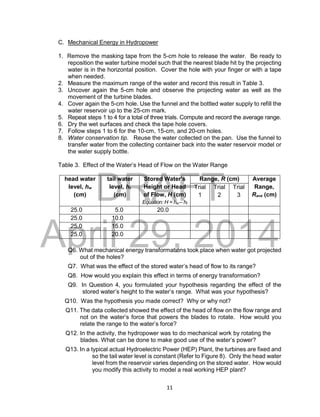 DRAFT
April 29, 2014
11
C. Mechanical Energy in Hydropower
1. Remove the masking tape from the 5-cm hole to release the water. Be ready to
reposition the water turbine model such that the nearest blade hit by the projecting
water is in the horizontal position. Cover the hole with your finger or with a tape
when needed.
2. Measure the maximum range of the water and record this result in Table 3.
3. Uncover again the 5-cm hole and observe the projecting water as well as the
movement of the turbine blades.
4. Cover again the 5-cm hole. Use the funnel and the bottled water supply to refill the
water reservoir up to the 25-cm mark.
5. Repeat steps 1 to 4 for a total of three trials. Compute and record the average range.
6. Dry the wet surfaces and check the tape hole covers.
7. Follow steps 1 to 6 for the 10-cm, 15-cm, and 20-cm holes.
8. Water conservation tip. Reuse the water collected on the pan. Use the funnel to
transfer water from the collecting container back into the water reservoir model or
the water supply bottle.
Table 3. Effect of the Water’s Head of Flow on the Water Range
head water
level, hw
(cm)
tail water
level, ht
(cm)
Stored Water's
Height or Head
of Flow, H (cm)
Equation: H = hw – ht
Range, R (cm) Average
Range,
Rave (cm)
Trial
1
Trial
2
Trial
3
25.0 5.0 20.0
25.0 10.0
25.0 15.0
25.0 20.0
Q6. What mechanical energy transformations took place when water got projected
out of the holes?
Q7. What was the effect of the stored water’s head of flow to its range?
Q8. How would you explain this effect in terms of energy transformation?
Q9. In Question 4, you formulated your hypothesis regarding the effect of the
stored water’s height to the water’s range. What was your hypothesis?
Q10. Was the hypothesis you made correct? Why or why not?
Q11. The data collected showed the effect of the head of flow on the flow range and
not on the water’s force that powers the blades to rotate. How would you
relate the range to the water’s force?
Q12. In the activity, the hydropower was to do mechanical work by rotating the
blades. What can be done to make good use of the water’s power?
Q13. In a typical actual Hydroelectric Power (HEP) Plant, the turbines are fixed and
so the tail water level is constant (Refer to Figure 8). Only the head water
level from the reservoir varies depending on the stored water. How would
you modify this activity to model a real working HEP plant?
 