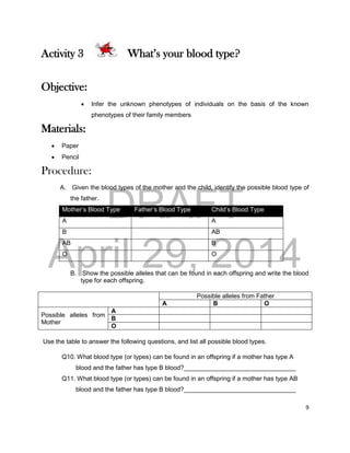 DRAFT
April 29, 2014
9
Activity 3 What’s your blood type?
Objective:
 Infer the unknown phenotypes of individuals on the basis of the known
phenotypes of their family members
Materials:
 Paper
 Pencil
Procedure:
A. Given the blood types of the mother and the child, identify the possible blood type of
the father.
Mother’s Blood Type Father’s Blood Type Child’s Blood Type
A A
B AB
AB B
O O
B. Show the possible alleles that can be found in each offspring and write the blood
type for each offspring.
Possible alleles from Father
A B O
Possible alleles from
Mother
A
B
O
Use the table to answer the following questions, and list all possible blood types.
Q10. What blood type (or types) can be found in an offspring if a mother has type A
blood and the father has type B blood?________________________________
Q11. What blood type (or types) can be found in an offspring if a mother has type AB
blood and the father has type B blood?________________________________
 