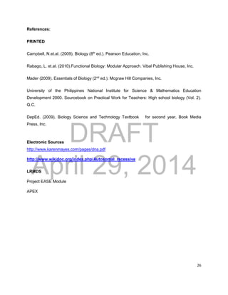 DRAFT
April 29, 2014
26
References:
PRINTED
Campbell, N.et.al. (2009). Biology (8th
ed.). Pearson Education, Inc.
Rabago, L. et.al. (2010).Functional Biology: Modular Approach. Vibal Publishing House, Inc.
Mader (2009). Essentials of Biology (2nd
ed.). Mcgraw Hill Companies, Inc.
University of the Philippines National Institute for Science & Mathematics Education
Development 2000. Sourcebook on Practical Work for Teachers: High school biology (Vol. 2).
Q.C.
DepEd. (2009). Biology Science and Technology Textbook for second year, Book Media
Press, Inc.
Electronic Sources
http://www.karenmayes.com/pages/dna.pdf
http://www.wikidoc.org/index.php/Autosomal_recessive
LRMDS
Project EASE Module
APEX
 