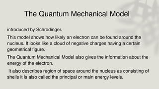 The Quantum Mechanical Model
introduced by Schrodinger.
This model shows how likely an electron can be found around the
nucleus. It looks like a cloud of negative charges having a certain
geometrical figure.
The Quantum Mechanical Model also gives the information about the
energy of the electron.
It also describes region of space around the nucleus as consisting of
shells it is also called the principal or main energy levels.
 
