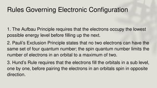 Rules Governing Electronic Configuration
1. The Aufbau Principle requires that the electrons occupy the lowest
possible energy level before filling up the next.
2. Pauli’s Exclusion Principle states that no two electrons can have the
same set of four quantum number; the spin quantum number limits the
number of electrons in an orbital to a maximum of two.
3. Hund’s Rule requires that the electrons fill the orbitals in a sub level,
one by one, before pairing the electrons in an orbitals spin in opposite
direction.
 