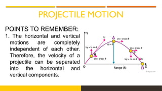 PROJECTILE MOTION
POINTS TO REMEMBER:
1. The horizontal and vertical
motions are completely
independent of each other.
Therefore, the velocity of a
projectile can be separated
into the horizontal and
vertical components.
 