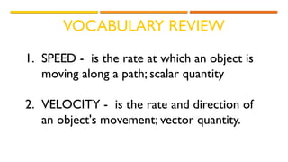 VOCABULARY REVIEW
1. SPEED - is the rate at which an object is
moving along a path; scalar quantity
2. VELOCITY - is the rate and direction of
an object's movement; vector quantity.
 