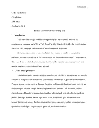 Hutchinson 1


Sydni Hutchinson

Chris Friend

ENC 1101

October 24, 2011

                              Science Accommodation Working Title

1. Introduction

       Most first time college students could probably tell the difference between an

entertainment magazine and a “New York Times” article. It is simple just by the tone the author

sets in the first paragraph, or sometimes if it is accompanied by pictures.

       However, my question is, how simple is it for a student to be able to analyze the

difference between two articles on the same subject, just from different sources? The purpose of

this research paper is to help students understand the differences between science reports and

popular media accommodations of said research.

2. Claims and Significance

       Lorem ipsum dolor sit amet, consectetur adipiscing elit. Morbi non sapien eu nisi sagittis

volutpat eu ac ligula. Nunc nunc neque, consequat eu pellentesque at, pulvinar bibendum lacus.

Praesent tempus egestas turpis at rhoncus. Curabitur mollis sagittis faucibus. Morbi eget elit sed

ante consequat placerat. Integer ornare congue tortor quis posuere. Duis accumsan, orci in

eleifend ornare, libero tortor auctor diam, tincidunt lobortis ligula erat sed nulla. Suspendisse

potenti. Cras eget porta est. Donec eget metus tellus. Suspendisse quis erat sit amet enim

hendrerit consequat. Mauris dapibus condimentum lorem at posuere. Nullam posuere arcu eget

quam rhoncus tristique. Suspendisse eu ipsum elit, ut elementum nibh.
 