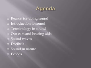 AgendaReason for doing soundIntroduction to soundTerminology in soundOur ears and hearing aidsSound wavesDecibels  Sound in natureEchoes