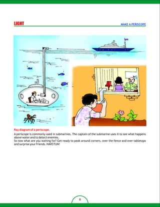 LIGHT                                                                            MAKE A PERISCOPE




Ray diagram of a periscope.
A periscope is commonly used in submarines. The captain of the submarine uses it to see what happens
above water and to detect enemies.
So now what are you waiting for? Get ready to peak around corners, over the fence and over tabletops
and surprise your friends. HAVE FUN!




                                                 8
 