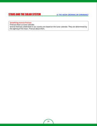 STARS AND THE SOLAR SYSTEM                                  IS THE MOON GROWING OR SHRINKING?



Something more to find out
Find out what is a lunar calendar.
Several festivals celebrated in our country are based on the lunar calendar. They are determined by
the sighting of the moon. Find out about them.




                                                21
 