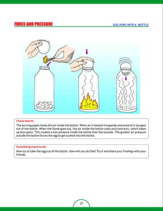 FORCE AND PRESSURE                                                            EGG POPS INTO A BOTTLE




I have learnt:
The burning paper heats the air inside the bottle. When air is heated it expands and some of it escapes
out of the bottle. When the flame goes out, the air inside the bottle cools and contracts, which takes
up less space. This creates a low pressure inside the bottle than the outside. The greater air pressure
outside the bottle forces the egg to get sucked into the bottle.


Something more to do:
Now try to take the egg out of the bottle. How will you do that? Try it and share your findings with your
friends.




                                                   27
 