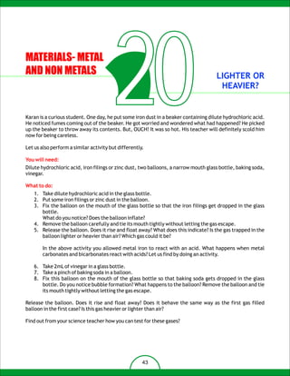 MATERIALS- METAL
AND NON METALS

                                        20                                            LIGHTER OR
                                                                                       HEAVIER?


Karan is a curious student. One day, he put some iron dust in a beaker containing dilute hydrochloric acid.
He noticed fumes coming out of the beaker. He got worried and wondered what had happened? He picked
up the beaker to throw away its contents. But, OUCH! It was so hot. His teacher will definitely scold him
now for being careless.

Let us also perform a similar activity but differently.

You will need:
Dilute hydrochloric acid, iron filings or zinc dust, two balloons, a narrow mouth glass bottle, baking soda,
vinegar.

What to do:
   1. Take dilute hydrochloric acid in the glass bottle.
   2. Put some iron filings or zinc dust in the balloon.
   3. Fix the balloon on the mouth of the glass bottle so that the iron filings get dropped in the glass
      bottle.
      What do you notice? Does the balloon inflate?
   4. Remove the balloon carefully and tie its mouth tightly without letting the gas escape.
   5. Release the balloon. Does it rise and float away? What does this indicate? Is the gas trapped in the
      balloon lighter or heavier than air? Which gas could it be?

       In the above activity you allowed metal iron to react with an acid. What happens when metal
       carbonates and bicarbonates react with acids? Let us find by doing an activity.

   6. Take 2mL of vinegar in a glass bottle.
   7. Take a pinch of baking soda in a balloon.
   8. Fix this balloon on the mouth of the glass bottle so that baking soda gets dropped in the glass
      bottle. Do you notice bubble formation? What happens to the balloon? Remove the balloon and tie
      its mouth tightly without letting the gas escape.

Release the balloon. Does it rise and float away? Does it behave the same way as the first gas filled
balloon in the first case? Is this gas heavier or lighter than air?

Find out from your science teacher how you can test for these gases?




                                                      43
 