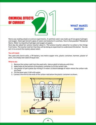 CHEMICAL EFFECTS
OF CURRENT


                                  21                                               WHAT MAKES
                                                                                     WATER?


Neera was reading a book on science experiments. It said that water was made up of two gases-hydrogen
and oxygen. Neera got herself a glass of water and looked at it carefully. 'How is that possible'? Wondered
Neera. Water is a liquid but hydrogen and oxygen are gases.
Next day she asked her science teacher about it. The science teacher asked her to collect a few things
from home. The teacher told her that they will be doing an experiment to understand this better. You too
join in to unravel the mystery about water.

You will need:
Two used cells (torch cells), a 9V battery, two metre copper wire, plastic container, hammer, plaster of
paris, two empty test tubes of equal size.

What to do:
   1. Remove the carbon rods from the used cells. (Ask an adult to help you with this)
   2. Make holes at the bottom of the plastic container to fit the carbon rods.
   3. Use plaster of paris paste (by mixing it in water) to block leakage of water where the carbon rods
      are fixed.
   4. Fill the bowl upto 3/4th with water.
   5. Connect the wire to the ends of the carbon rods below the plastic container as shown.




                                                    45
 