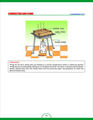 COMBUSTION AND FLAME                                                               A SURPRISING FACT




 I have learnt
 Things do not burn unless they are heated to a certain temperature which is called the ignition
 temperature of a combustible substance. In the above activities, the water in the pan and the plastic
 packet absorbs heat from the candle flame and thus prevents paper and polythene to reach the
 ignition temperature.




                                                  48
 