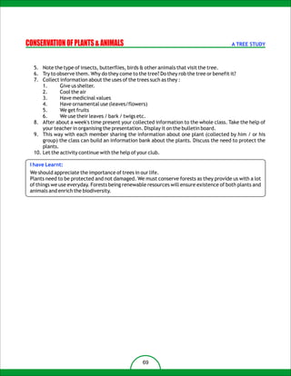 CONSERVATION OF PLANTS & ANIMALS                                                         A TREE STUDY



  5. Note the type of insects, butterflies, birds & other animals that visit the tree.
  6. Try to observe them. Why do they come to the tree? Do they rob the tree or benefit it?
  7. Collect information about the uses of the trees such as they :
      1.      Give us shelter.
      2.      Cool the air
      3.      Have medicinal values
      4.      Have ornamental use (leaves/flowers)
      5.      We get fruits
      6.      We use their leaves / bark / twigs etc.
  8. After about a week's time present your collected information to the whole class. Take the help of
      your teacher in organising the presentation. Display it on the bulletin board.
  9. This way with each member sharing the information about one plant (collected by him / or his
      group) the class can build an information bank about the plants. Discuss the need to protect the
      plants.
  10. Let the activity continue with the help of your club.

 I have Learnt:
 We should appreciate the importance of trees in our life.
 Plants need to be protected and not damaged. We must conserve forests as they provide us with a lot
 of things we use everyday. Forests being renewable resources will ensure existence of both plants and
 animals and enrich the biodiversity.




                                                  69
 