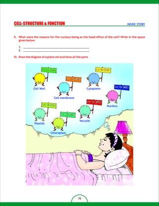 CELL-STRUCTURE & FUNCTION                                                           INSIDE STORY



II. What were the reasons for the nucleus being as the head office of the cell? Write in the space
    given below:

   1. ____________________________________________
   2. ____________________________________________

III. Draw the diagram of a plant cell and show all the parts




               Cell Wall                                  Cytoplasm


                                Cell membrane

                                                                      Nucleus




                                                     Vacuole
                Plastids


                             Chloroplast




                                                   76
 