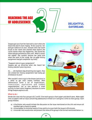 REACHING THE AGE
OF ADOLESCENCE

                                     37
Swapna got out from her bed with a start when she
heard the alarm clock ringing. To her surprise, her
bed got tidied on its own. Swoosh! flew the tooth
                                                                                  DELIGHTFUL
                                                                                  DAYDREAMS




brush to her teeth and cleaned them before she
could realise what was happening. She found her
shoes had got polished on their own. What a relief!
she sighed. She couldn't believe her good luck
when she went to her study. Her six page history
assignment had got completed by itself.

“Swapna! where is your assignment?
Swapna got up shivering when she heard her
history teacher's piercing voice.

So..... she had been day dreaming once again. How
she wished her history assignment had really got
finished on its own!

Who wouldn't want to go to the dream land once in
a while to get one's wishes fulfilled. With
adolescence come a lot of expectations,
insecurities, aspirations and sudden
responsibilities. Let us now perform a small
activity to have some imaginary solutions to some
things Swapna aspires to do.

What to do :
Divide the class into four groups A,B,C and D. Give each group a chart paper and sketch pens. Make eight
chits of papers with an issue concerning adolescence written on it and give 2 chits to every group. Each
group chooses:

   a) A facilitator who would initiate the discussion on the issue mentioned on the chit and ensure all
      members get a chance to speak.
   b) A time keeper to minimise waste of time and try to cover both the issues in 20 minutes.
   c) A recorder who would enter and present the views of his group in the format mentioned below i.e.


                                                      84
 