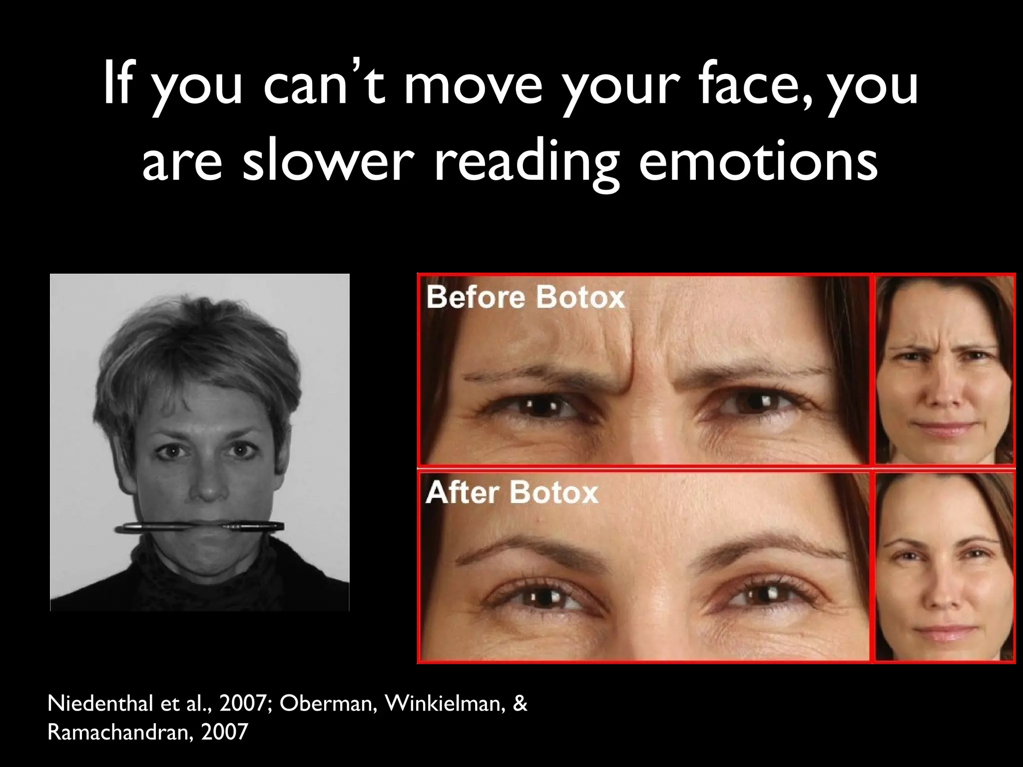 If you can’t move your face, you
are slower reading emotions
Niedenthal et al., 2007; Oberman, Winkielman, &
Ramachandran, 2007
 