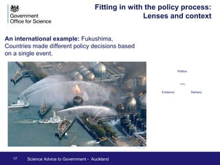 Building Capability: Meshing supply and 
17 Science Advice to Government - Auckland 
demand 
Advice comes from different areas, each 
requires capacity development: 
• From the centre: CSAs, etc. 
• From government’s own science 
research establishments: eg Met Office, 
Defence laboratories 
• From outside Government: Universities, 
National Academies 
 