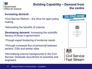 Building Capability – ‘push’: the supply chain from 
national institutions to government 
Articulating government’s evidence needs 
better 
Incentivising collaboration. 
•Impact on policy and the UK’s Research 
Excellence Framework 
•Incentives for Industry: making a better 
environment for business too eg RAEng 
energy work 
19 Science Advice to Government - Auckland 
Policy 
demand 
through 
Open 
Policy 
Making 
Science 
supply 
through 
the 
Impact 
Agenda 
 