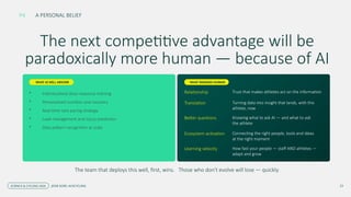The next competitive advantage will be
paradoxically more human — because of AI
• Individualised dose-response training
• Personalised nutrition and recovery
• Real-time race pacing strategy
• Load management and injury prediction
• Data pattern recognition at scale
Relationship Trust that makes athletes act on the information
Translation Turning data into insight that lands, with this
athlete, now
Better questions Knowing what to ask AI — and what to ask
the athlete
Ecosystem activation Connecting the right people, tools and ideas
at the right moment
Learning velocity How fast your people — staff AND athletes —
adapt and grow
The team that deploys this well, first, wins. Those who don't evolve will lose — quickly.
A PERSONAL BELIEF
P4
WHAT AI WILL ABSORB WHAT REMAINS HUMAN
23
SCIENCE & CYCLING 2026 JESSE KORF, AUSCYCLING
 