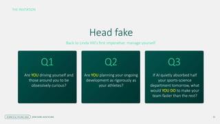 Head fake
Back to Linda Hill's first imperative: manage yourself.
Q1
Are YOU driving yourself and
those around you to be
obsessively curious?
Are YOU planning your ongoing
development as rigorously as
your athletes?
If AI quietly absorbed half
your sports-science
department tomorrow, what
would YOU DO to make your
team faster than the rest?
Q2 Q3
THE INVITATION
25
SCIENCE & CYCLING 2026 JESSE KORF, AUSCYCLING
 