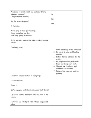 Wouldyou be able to watch and hear your favorite
television cartoons?
Can you feel the weather?
Are five senses important?
C. Exploring
We’re going to have group activity.
Group yourselves into five.
How many group do we have?
Before we start, what are the rules to follow in group
activity?
Everybody, read.
Can I have 1 representative in each group?
Pick an envelope.
Group 1.
(Refer to page 5 of the book. Science for daily Use 3)
Objective: Identify the shapes, size, and color of the
objects.
Materials: Cut out objects with different shapes and
colors.
No
Yes!
Five
1. Listen attentively to the instruction
2. Be careful in using and handling
materials.
3. Follow the time allotment for the
activity.
4. Be cooperative in a group work.
5. Enjoy and doing one’s work.
6. Maintain the cleanliness and
orderliness of the room.
7. Returned the materials used in a
properly.
 
