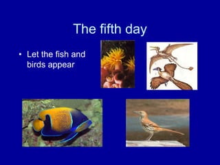The fifth day
• Let the fish and
  birds appear
 