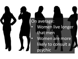 On average:
• Women live longer
  that men
• Women are more
  likely to consult a
  psychic
 