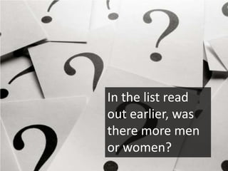 In the list read
out earlier, was
there more men
or women?
 