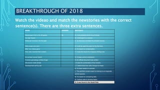 BREAKTHROUGH OF 2018
Watch the videao and match the newstories with the correct
sentence(s). There are three extra sentences.
NEWS ANSWER SENTENCE
Messengers from a far-off galaxy O, A. It will probably boost drug findings.
Ice Age impact B. It belonged to a woman.
Molecular windows into the past C. Its discovery revealed its probable source.
RNAi enters the clinic D. It will be used this year for the first time.
#Me Too makes gains E. It’s based on condensation.
How cells marshal their content F. It was the result of a massive orbiting rock.
An archaic human hybrid G. It helps control cholesterol.
Forensic genealogy comes of age H. An official document was written.
Structures made simple I. It was the combination of two breeds.
Development cell by cell J. It determines how cells change its shape.
K. It’s been tested on animals.
L. The petrified remains seem to belong to an enigmatic
animal species.
M. It’s based on comparing data.
N. It allows cells to develop faster.
O. It was found in the South Pole.
 