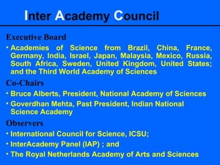 Inter Academy Council
Executive Board
• Academies of Science from Brazil, China, France,
Germany, India, Israel, Japan, Malaysia, Mexico, Russia,
South Africa, Sweden, United Kingdom, United States;
and the Third World Academy of Sciences
Co-Chairs
• Bruce Alberts, President, National Academy of Sciences
• Goverdhan Mehta, Past President, Indian National
Science Academy
Observers
• International Council for Science, ICSU;
• InterAcademy Panel (IAP) ; and
• The Royal Netherlands Academy of Arts and Sciences
 