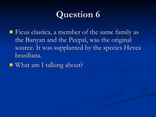 Question 6 Ficus elastica, a member of the same family as the Banyan and the Peepal, was the original source. It was supplanted by the species Hevea brasiliana.  What am I talking about? 
